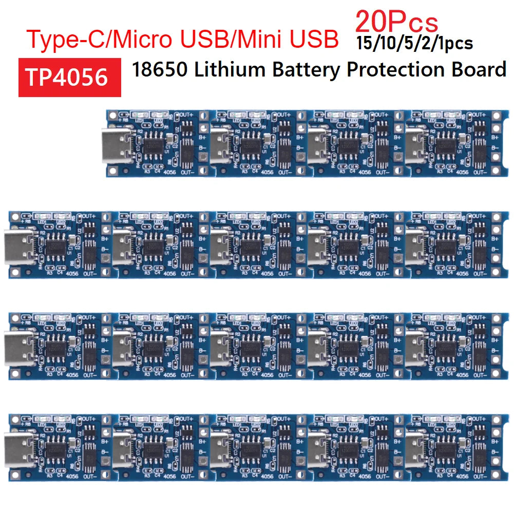 1-20PCS 5V 1A 18650 TP4056 Lithium Battery Charger Module Charging Board With Protection Dual Functions 1A Type-C/Micro/Mini USB